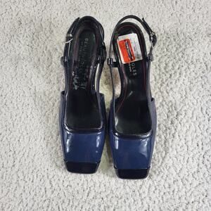 Beautiful Shoes Navy Patent Square-Toe Slingback Sandals